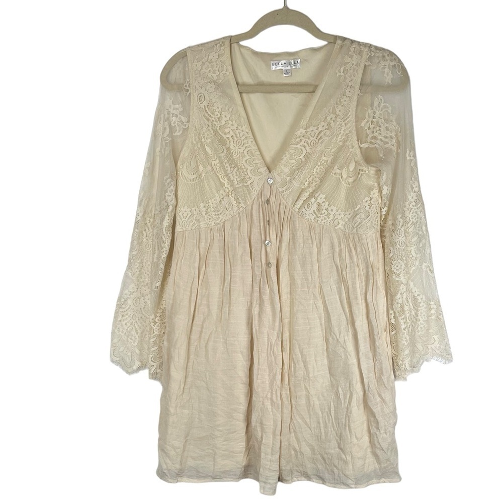 Bella Ella Lace Midi Dress Small Cream Neutral V-Neck Lined Romantic Cottagecore
